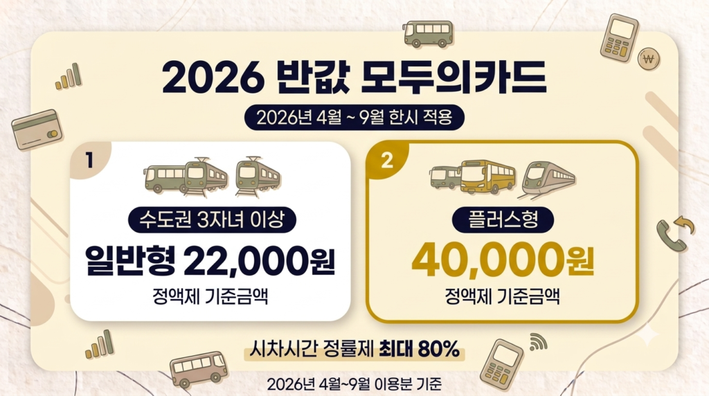 2026 반값 모두의카드 수도권 3자녀 이상 일반형 2만2천원, 플러스형 4만원, 시차시간 최대 80% 환급