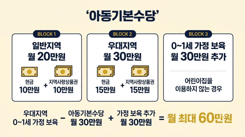 아동기본수당 일반지역 월 20만원 우대지역 월 30만원과 0~1세 가정 보육 월 30만원 추가 지원 안내