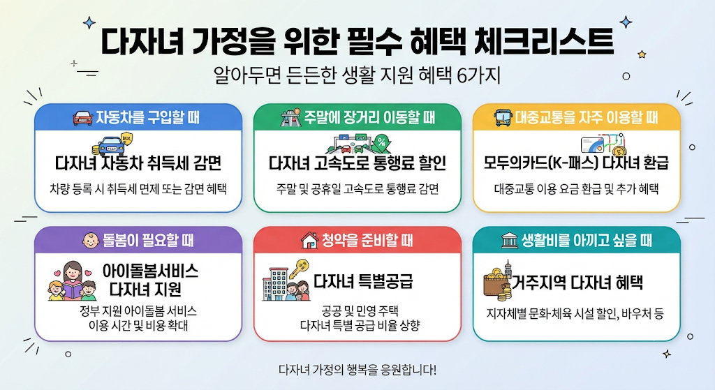 다자녀 가정을 위한 필수 혜택 6가지(자동차 취득세 감면, 고속도로 통행료 할인, K-패스 다자녀 환급, 아이돌봄서비스, 다자녀 특별공급, 거주지역 혜택
