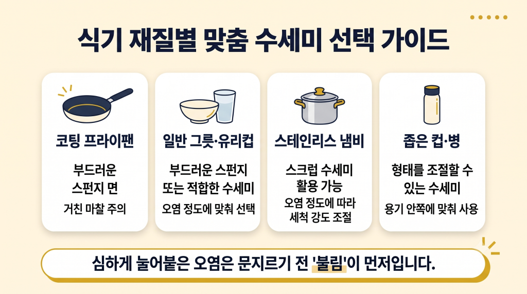 코팅 프라이팬, 일반 그릇, 스테인리스 냄비, 좁은 컵에 맞는 수세미 선택 가이드