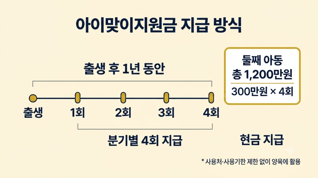 아이맞이지원금 출생 후 1년 동안 분기별 4회 지급과 둘째 총 1,200만원 300만원씩 4회 지급 구조