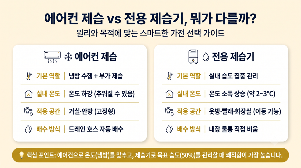 에어컨 제습과 전용 제습기의 원리와 실내온도, 적용공간, 배수방식 비교