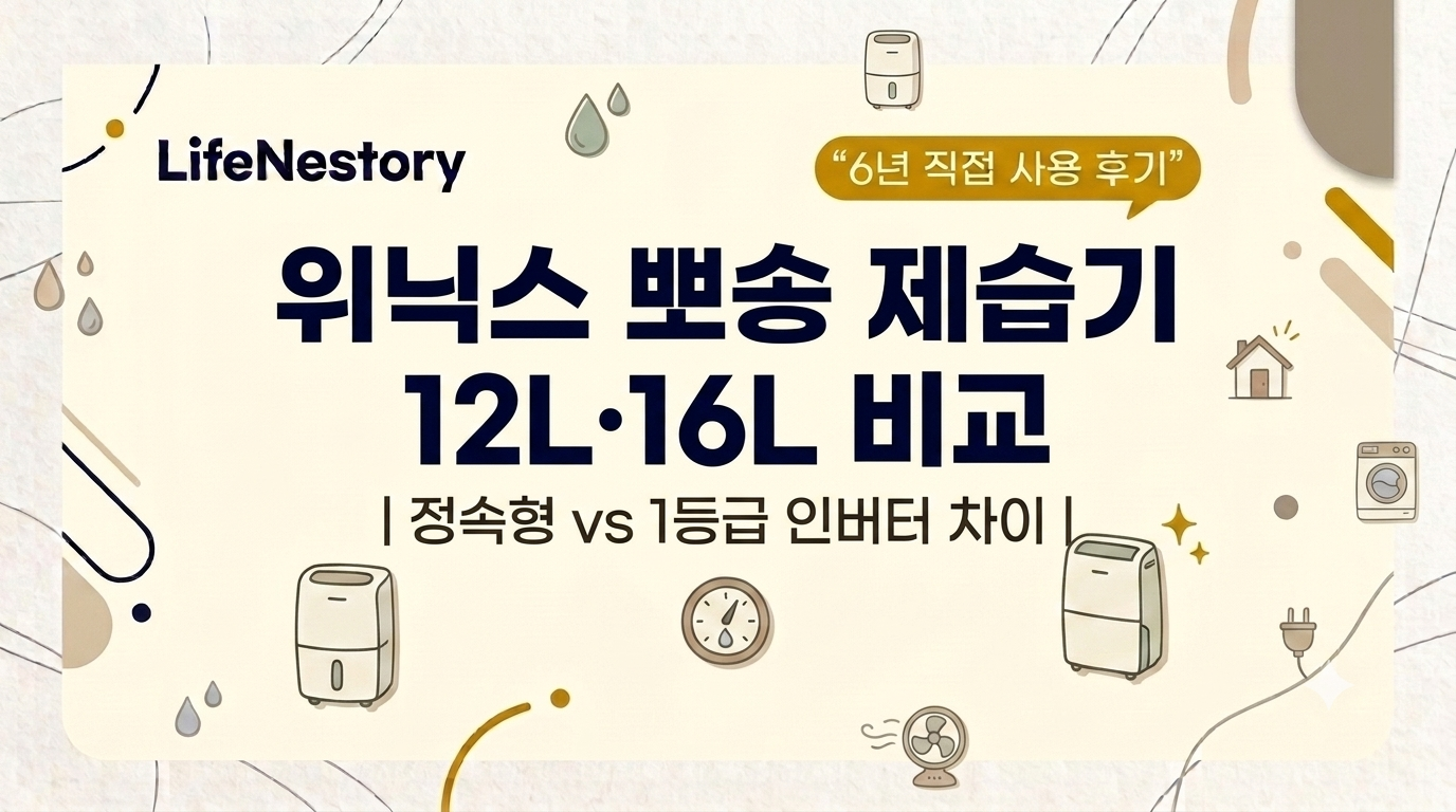 위닉스 뽀송 제습기 12L와 16L 정속형, 1등급 인버터 모델의 주요 스펙 비교