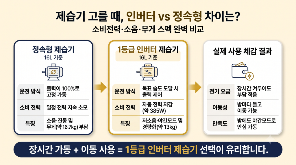 인버터 제습기와 정속형 제습기의 운전 방식, 소비전력, 소음과 무게 비교