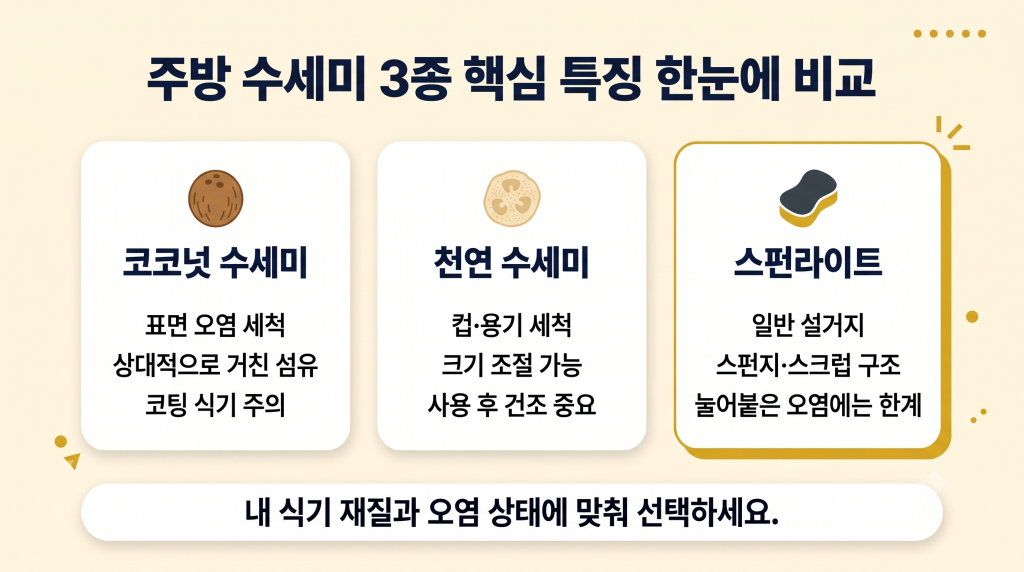 코코넛 수세미, 천연 수세미, 스펀라이트의 주요 특징 비교