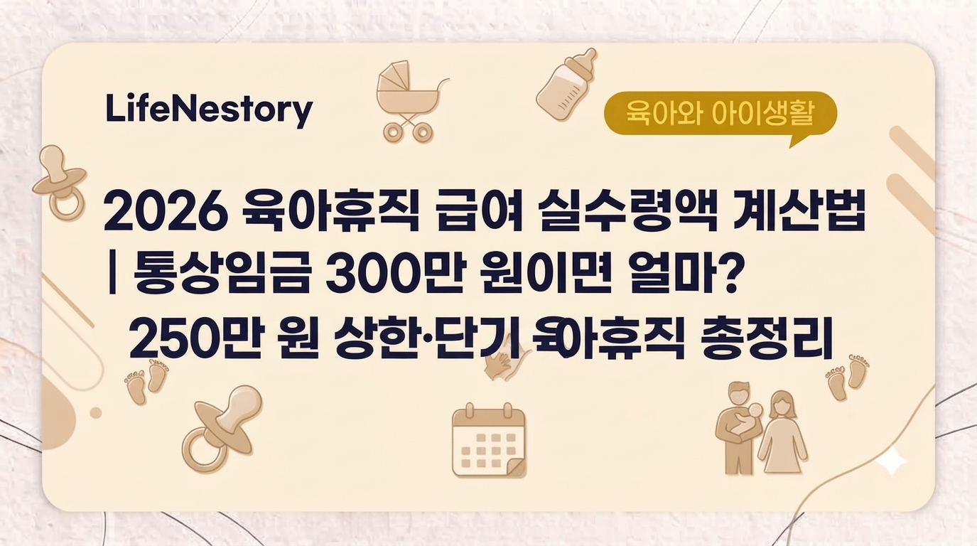 2026년 육아휴직 급여 실수령액 계산법과 통상임금 300만 원 상한액, 단기 육아휴직 정보를 안내하는 썸네일 이미지