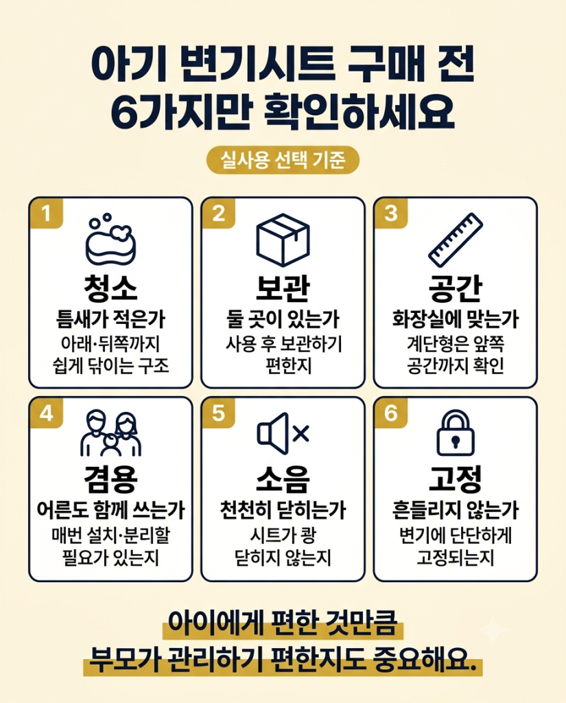 아기 변기시트 구매 전 확인해야 할 6가지 선택 기준(청소, 보관, 공간, 겸용, 소음, 고정)을 요약한 인포그래픽 이미지