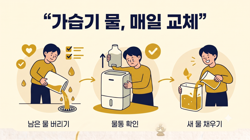 가습기 물을 매일 버리고 새 물로 교체하는 이미지
