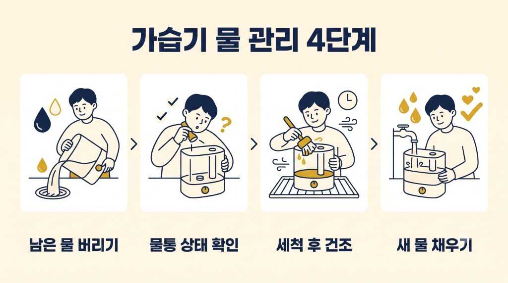 가습기 물 관리 방법인 남은 물 버리기 물통 확인 세척 후 건조 새 물 채우기 4단계