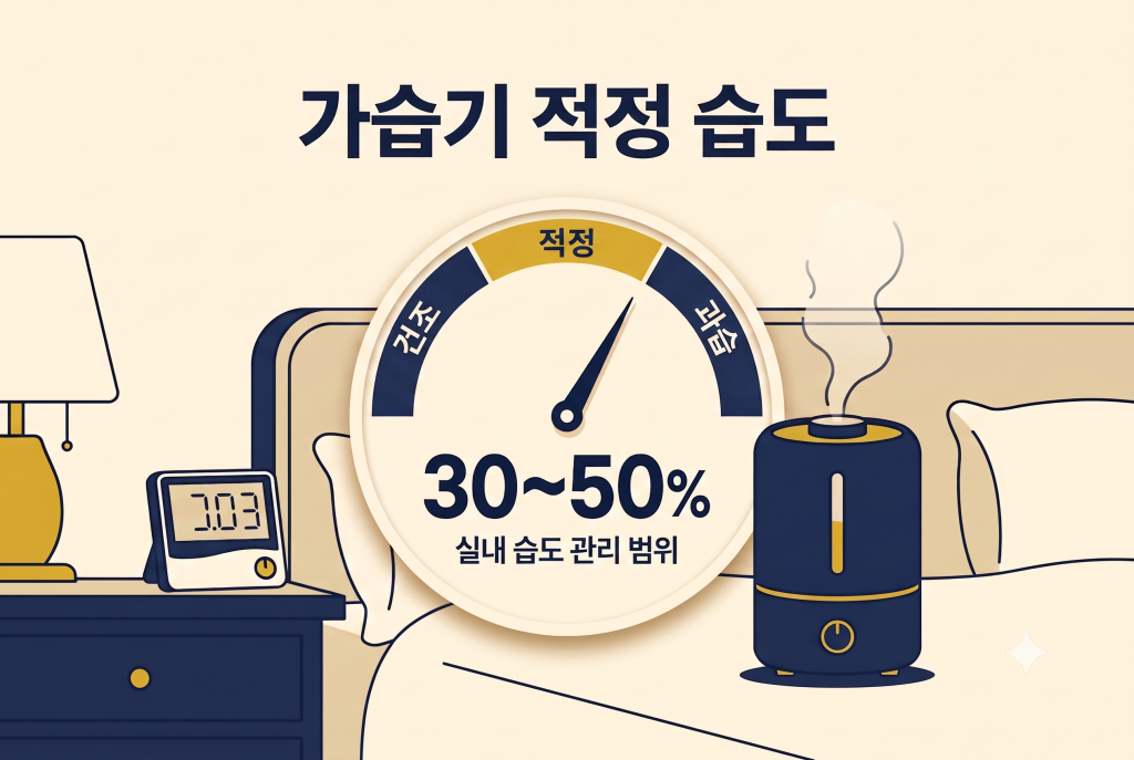 가습기 적정 습도 30~50% 실내 습도 관리 범위 인포그래픽