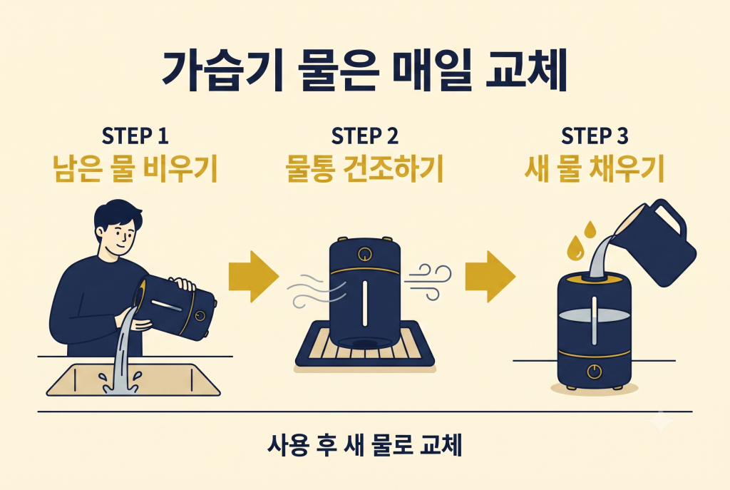 가습기 물 매일 교체 3단계 관리법 (비우기, 건조하기, 새 물 채우기)