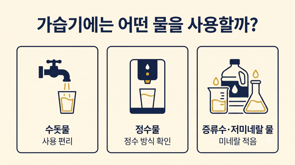 가습기에 사용하는 수돗물 정수물 증류수 비교