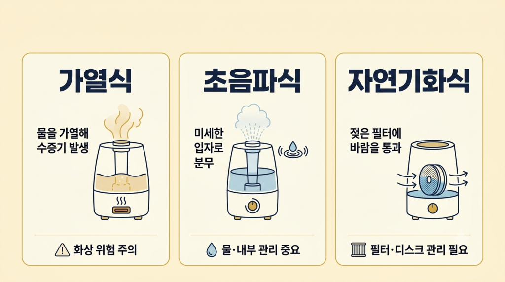 가열식 초음파식 자연기화식 가습기 종류별 특징과 주의사항 비교