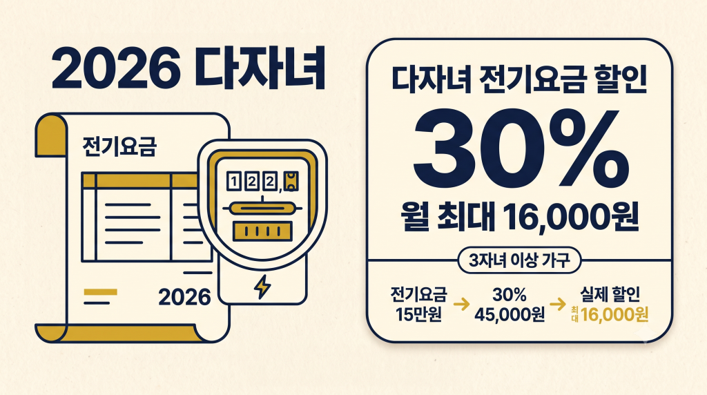 3자녀 이상 다자녀 전기요금 30퍼센트 할인과 월 최대 16000원 기준
