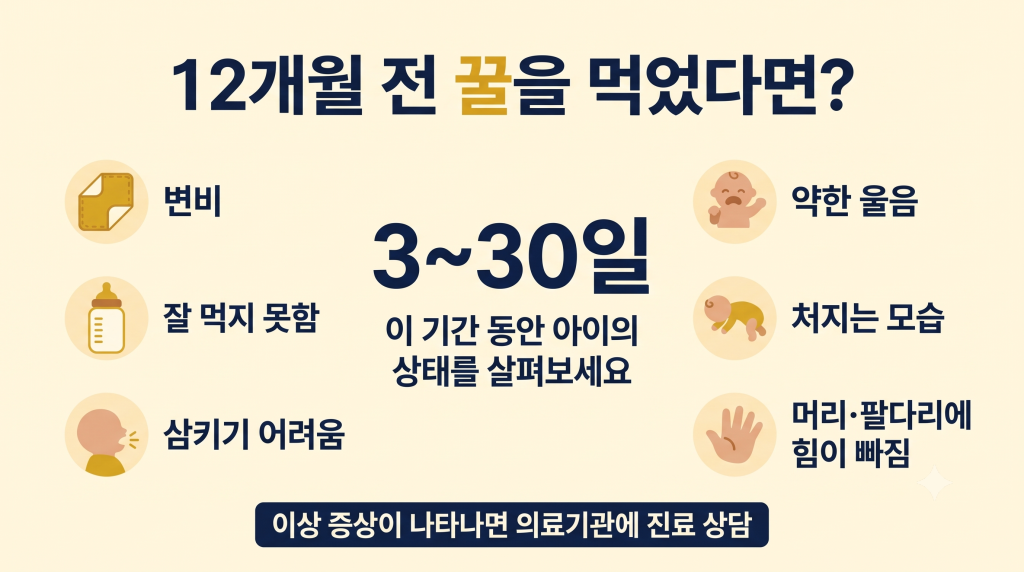 12개월 전 아기가 꿀을 먹은 후 3일부터 30일까지 살펴볼 수 있는 영아 보툴리누스증 증상을 정리한 인포그래픽