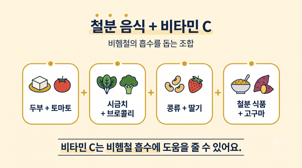 철분 음식과 비타민 C 식품 조합을 보여주는 아기 식단 인포그래픽