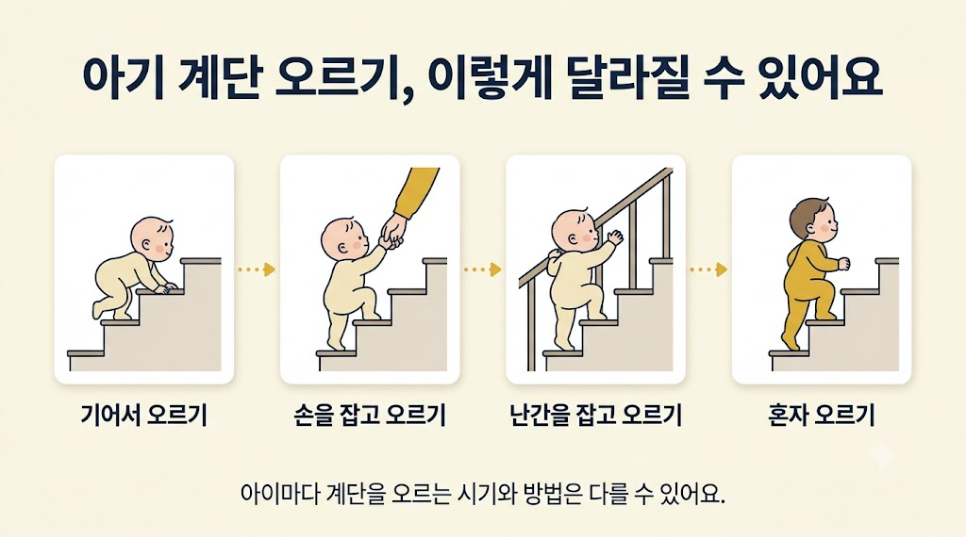 아기 계단 오르기 방법을 기어서 오르기, 손을 잡고 오르기, 난간을 잡고 오르기, 혼자 오르기로 보여주는 인포그래픽