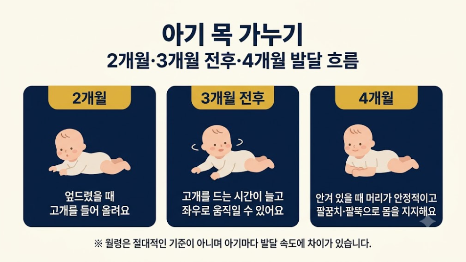 아기 목 가누기 2개월 3개월 전후 4개월 발달 흐름과 주요 움직임 정리