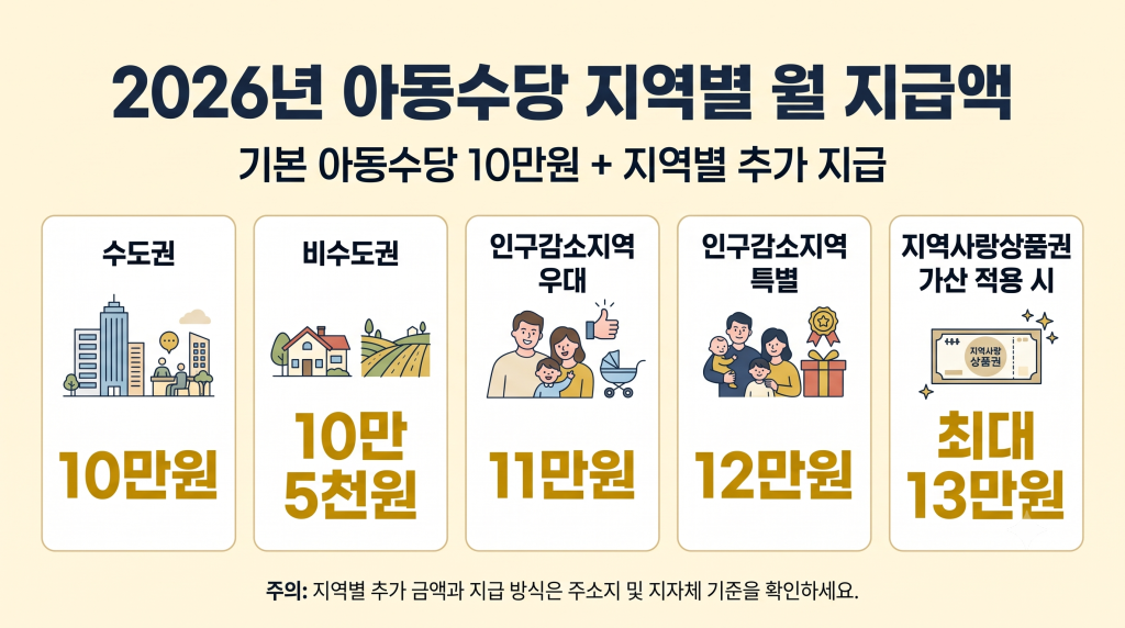 2026 아동수당 지역별 월 지급액 수도권 10만원 비수도권 10만5천원 인구감소지역 최대 13만원