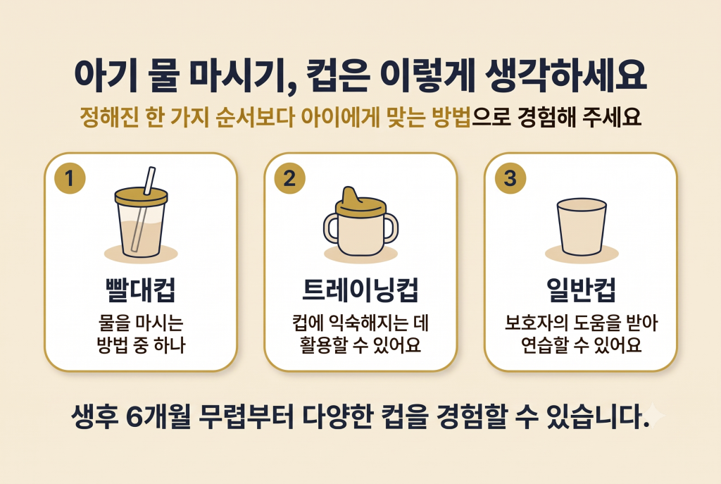 아기 물 마시기에 사용할 수 있는 빨대컵 트레이닝컵 일반컵을 비교한 인포그래픽