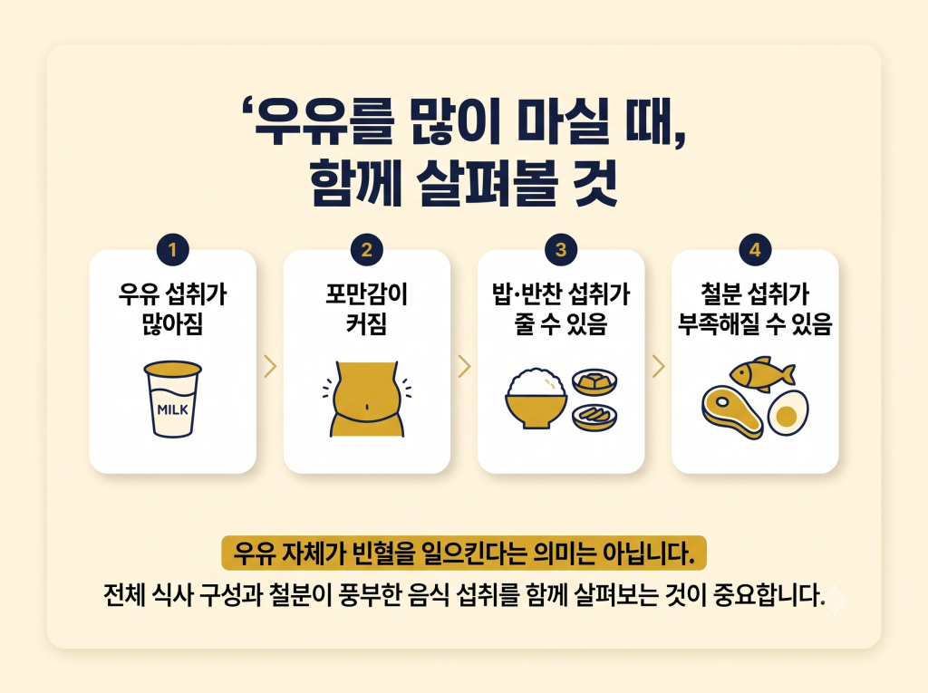 우유를 많이 마실 때 식사량과 철분 섭취를 함께 살펴보는 인포그래픽