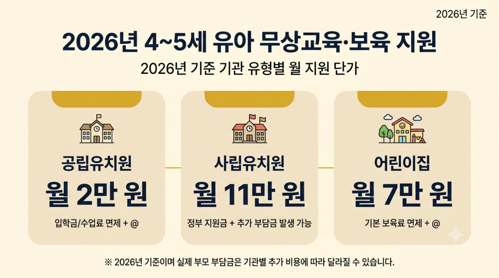 2026년 4~5세 유아 무상교육 보육 지원금 공립유치원 2만원 사립유치원 11만원 어린이집 7만원 비교