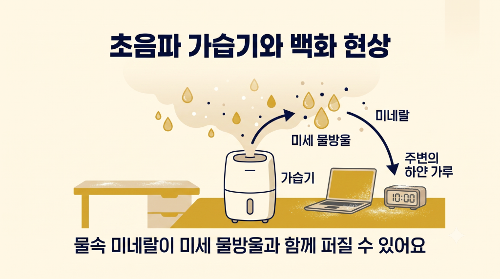 초음파 가습기에서 미네랄이 퍼져 주변에 하얀 가루가 생기는 백화 현상