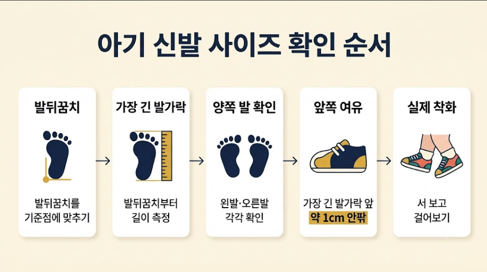 돌아기 신발 사이즈 확인 순서와 발뒤꿈치, 가장 긴 발가락, 앞쪽 여유, 실제 착화 방법